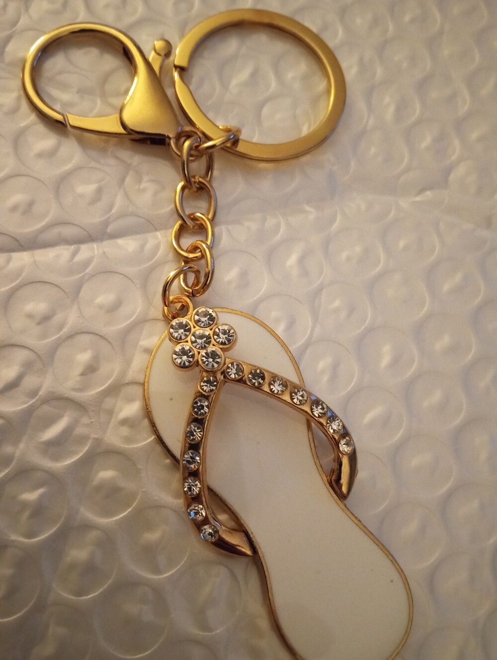 Gold-Plated White Rhinestone Flip Flop Keychain